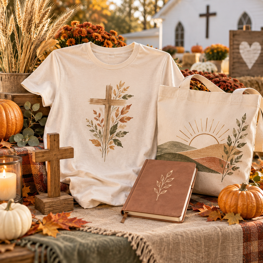 Faith-inspired apparel and gifts in a warm autumn setting