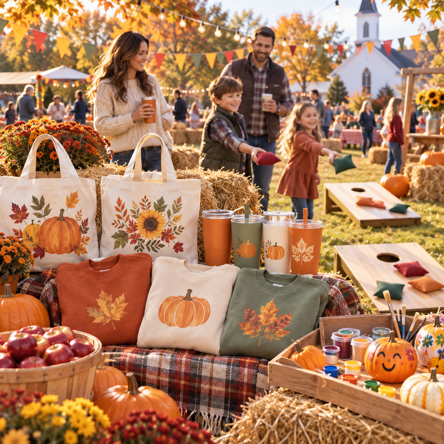 Family-friendly fall festival apparel, totes, cups and activities