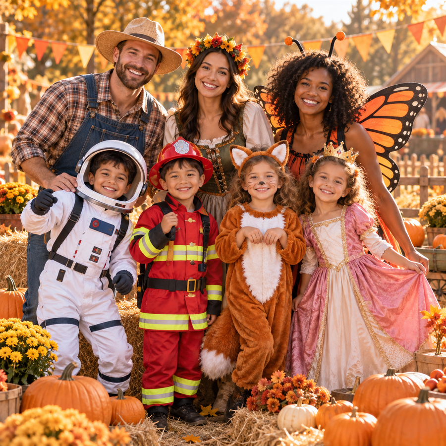 Families wearing cheerful costumes at a bright autumn festival