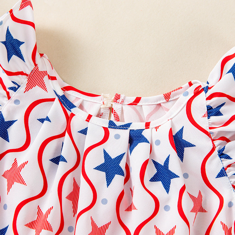 Direct Factory Sales Cross-border 4th of July Girls' Printed Star Flutter Sleeve Princess Dress Party Outfit