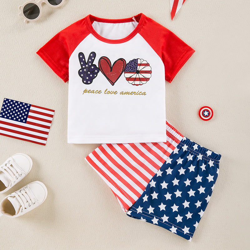 Fourth of July Kids' Outfit Cartoon Print Red and White Spliced Short Sleeve T-Shirt and Shorts 2-Piece Set Baby Party Suit