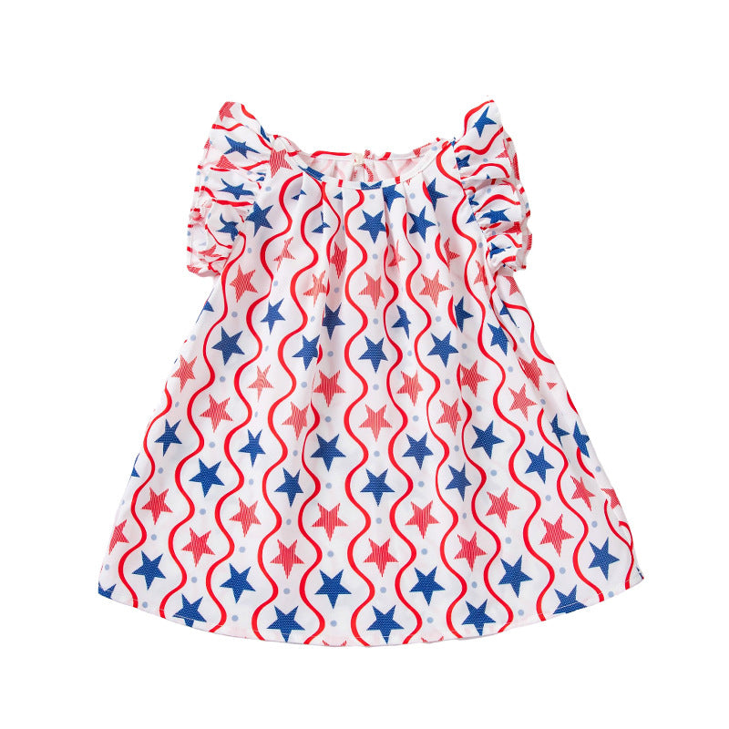 Direct Factory Sales Cross-border 4th of July Girls' Printed Star Flutter Sleeve Princess Dress Party Outfit