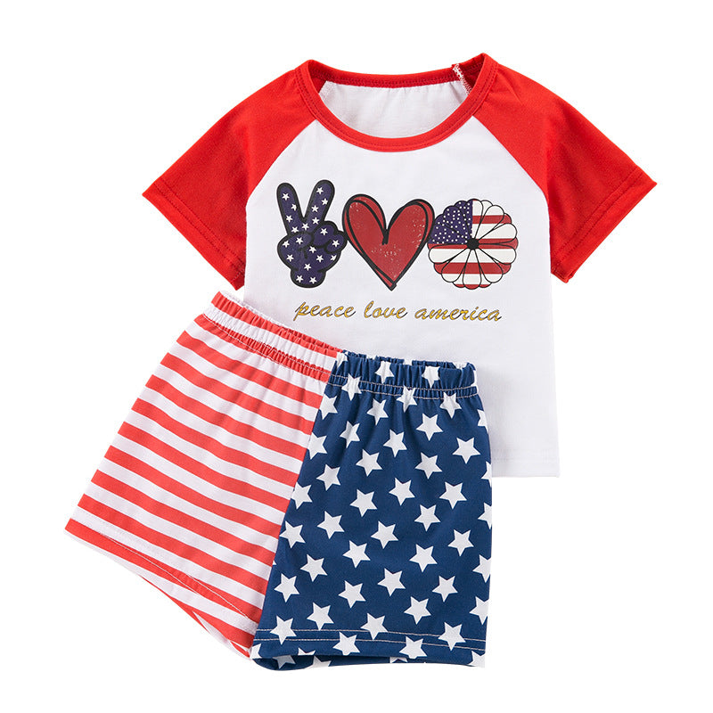 Fourth of July Kids' Outfit Cartoon Print Red and White Spliced Short Sleeve T-Shirt and Shorts 2-Piece Set Baby Party Suit