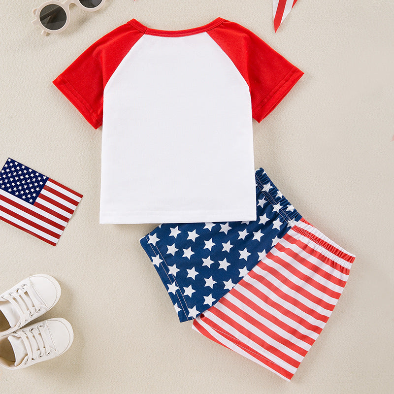Fourth of July Kids' Outfit Cartoon Print Red and White Spliced Short Sleeve T-Shirt and Shorts 2-Piece Set Baby Party Suit