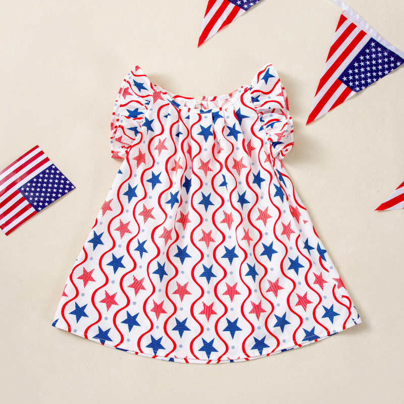Direct Factory Sales Cross-border 4th of July Girls' Printed Star Flutter Sleeve Princess Dress Party Outfit
