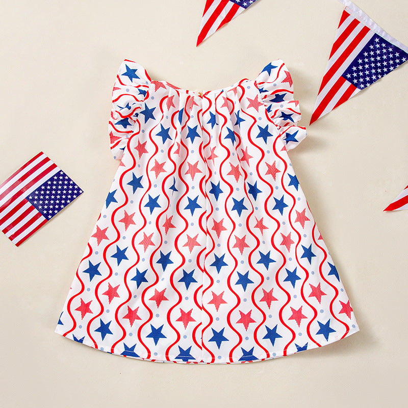 Direct Factory Sales Cross-border 4th of July Girls' Printed Star Flutter Sleeve Princess Dress Party Outfit