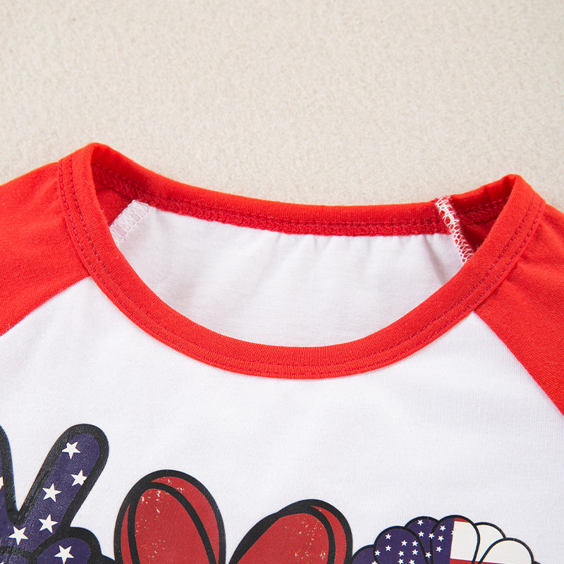 Fourth of July Kids' Outfit Cartoon Print Red and White Spliced Short Sleeve T-Shirt and Shorts 2-Piece Set Baby Party Suit