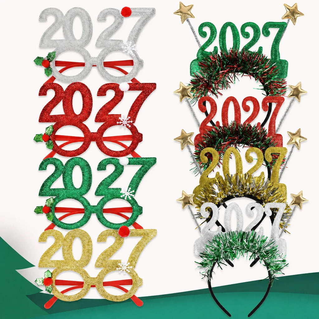 2027 Happy New Year Glasses Headband Glitter Tinsel Party Eyewear Hairband New Year's Eve Costume Photo Booth Props Party Favors