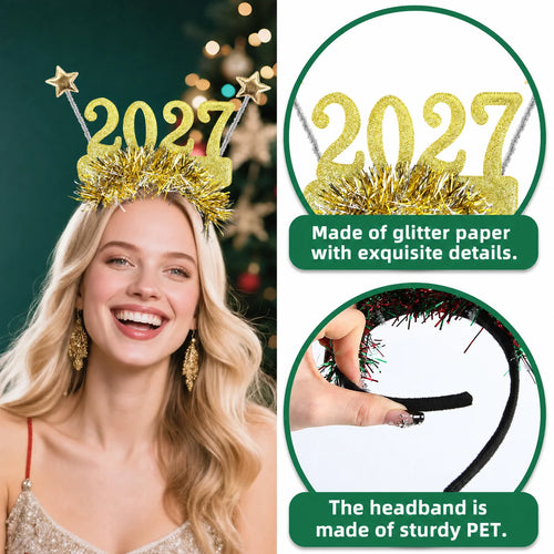 2027 Happy New Year Glasses Headband Glitter Tinsel Party Eyewear Hairband New Year's Eve Costume Photo Booth Props Party Favors