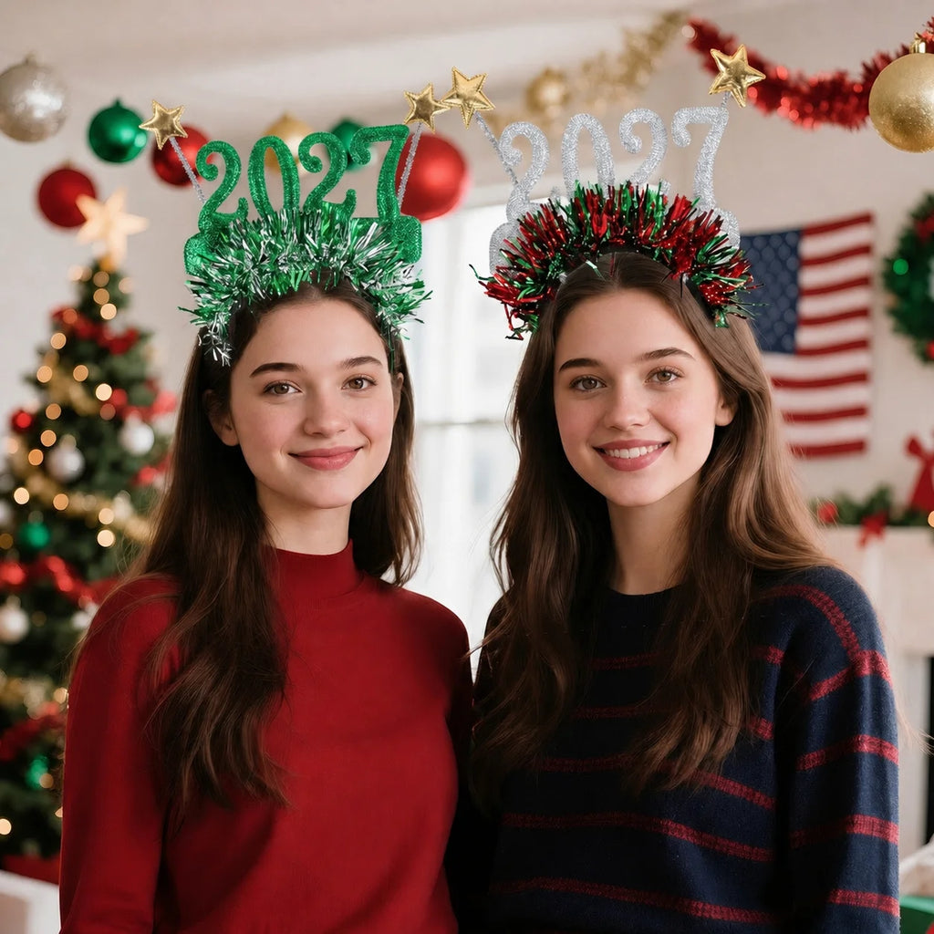 2027 Happy New Year Glasses Headband Glitter Tinsel Party Eyewear Hairband New Year's Eve Costume Photo Booth Props Party Favors
