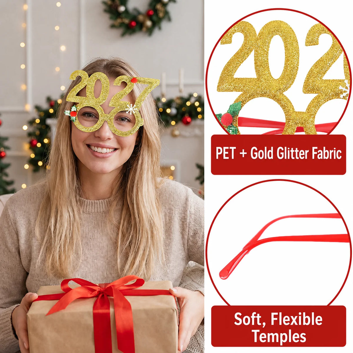 2027 Happy New Year Glasses Headband Glitter Tinsel Party Eyewear Hairband New Year's Eve Costume Photo Booth Props Party Favors
